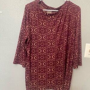 Chico's Burgundy and Tan Patterned Long-Sleeve Shift Dress